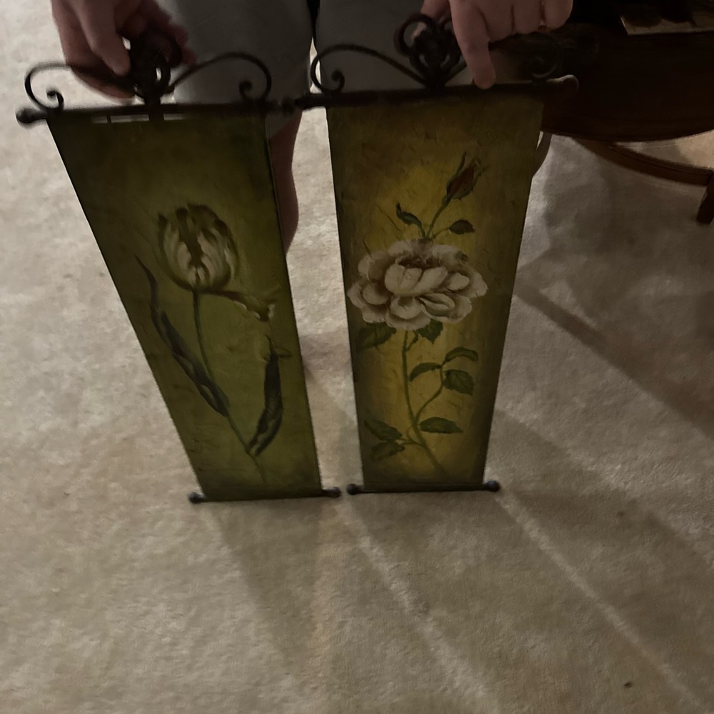 Unbranded Green Hand-Painted Floral Wall Panels - Set of 2